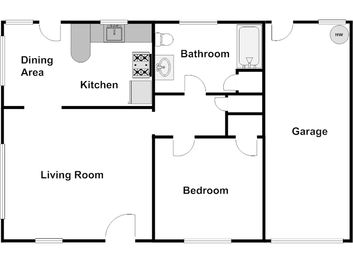 Floor plan for 1 bed, 1 bath, 615 sqft